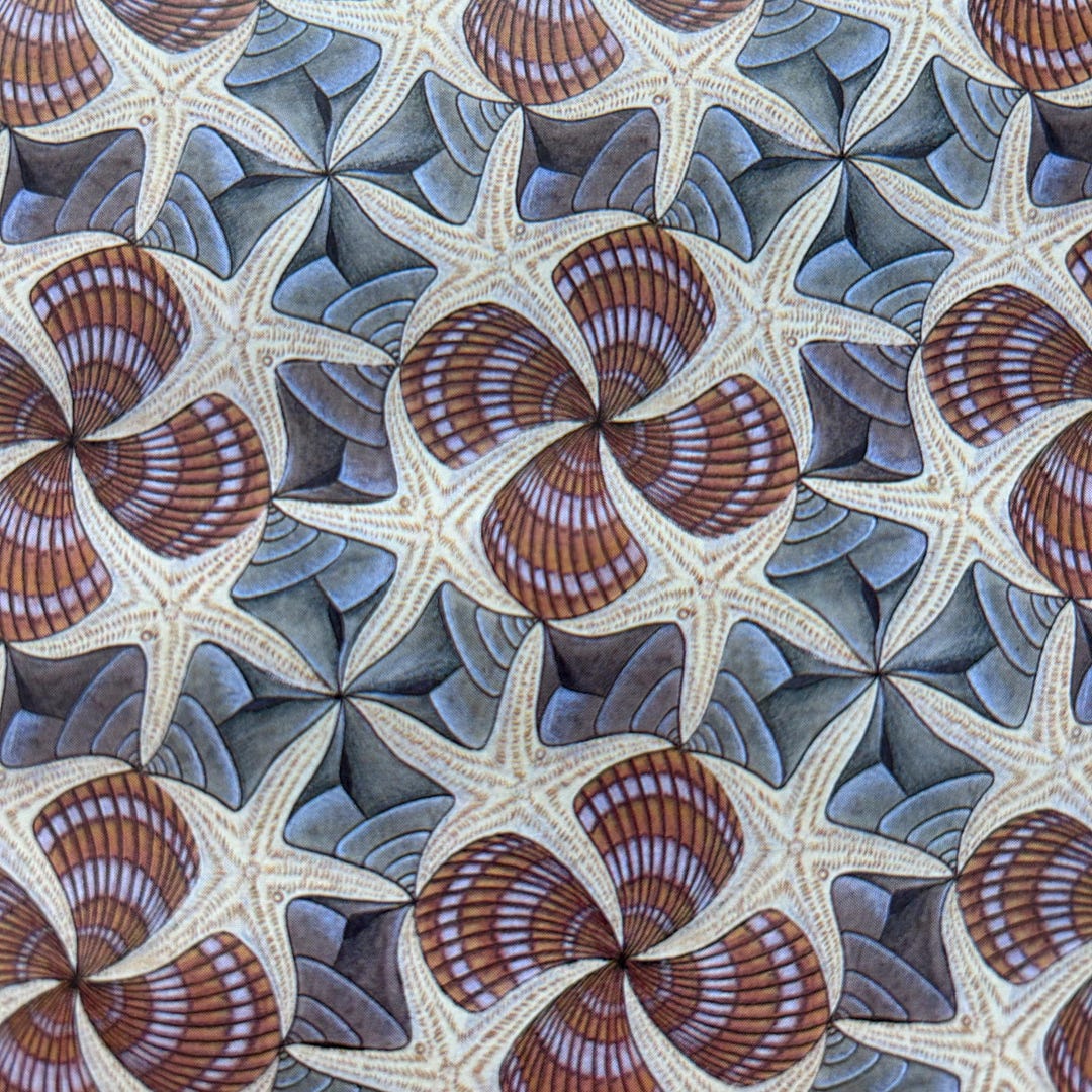 M C Escher Design, Blue, Red and Yellow, Shells and Starfish ...