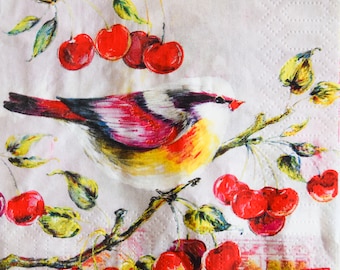 Bird & Cherries Paper Napkins: Decoupage, Collage - Set of 3
