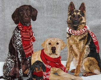 Dogs in Scarves Paper Napkins: Christmas Decoupage Craft Napkins (Set of 3)
