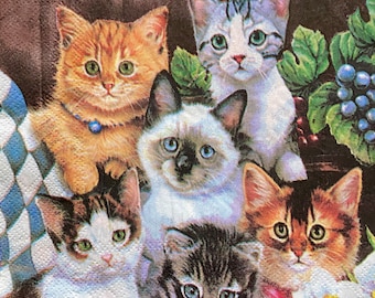 Cat Napkins: Kitten & Floral Decoupage Paper (Set of 3)