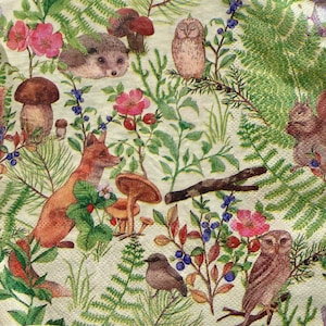 Woodland Creatures Napkins, Large Paper Napkins, Decoupage Napkins, Decorative Paper Napkins, Collage Paper, 3 Decoupage Napkins