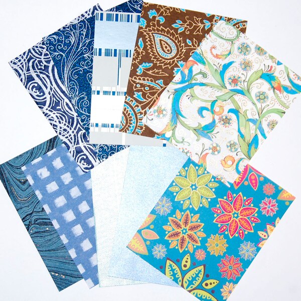 Shades of Blue Fine Paper Pack: 10 Blue with Silver and Gold Patterned Sheets 5" x 4" for Paper Crafts, Scrapbooking, Cards, Gift Tags