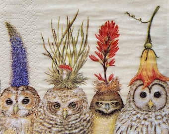 Owl Decoupage Napkins: Whimsical Floral Hats, Collage Paper
