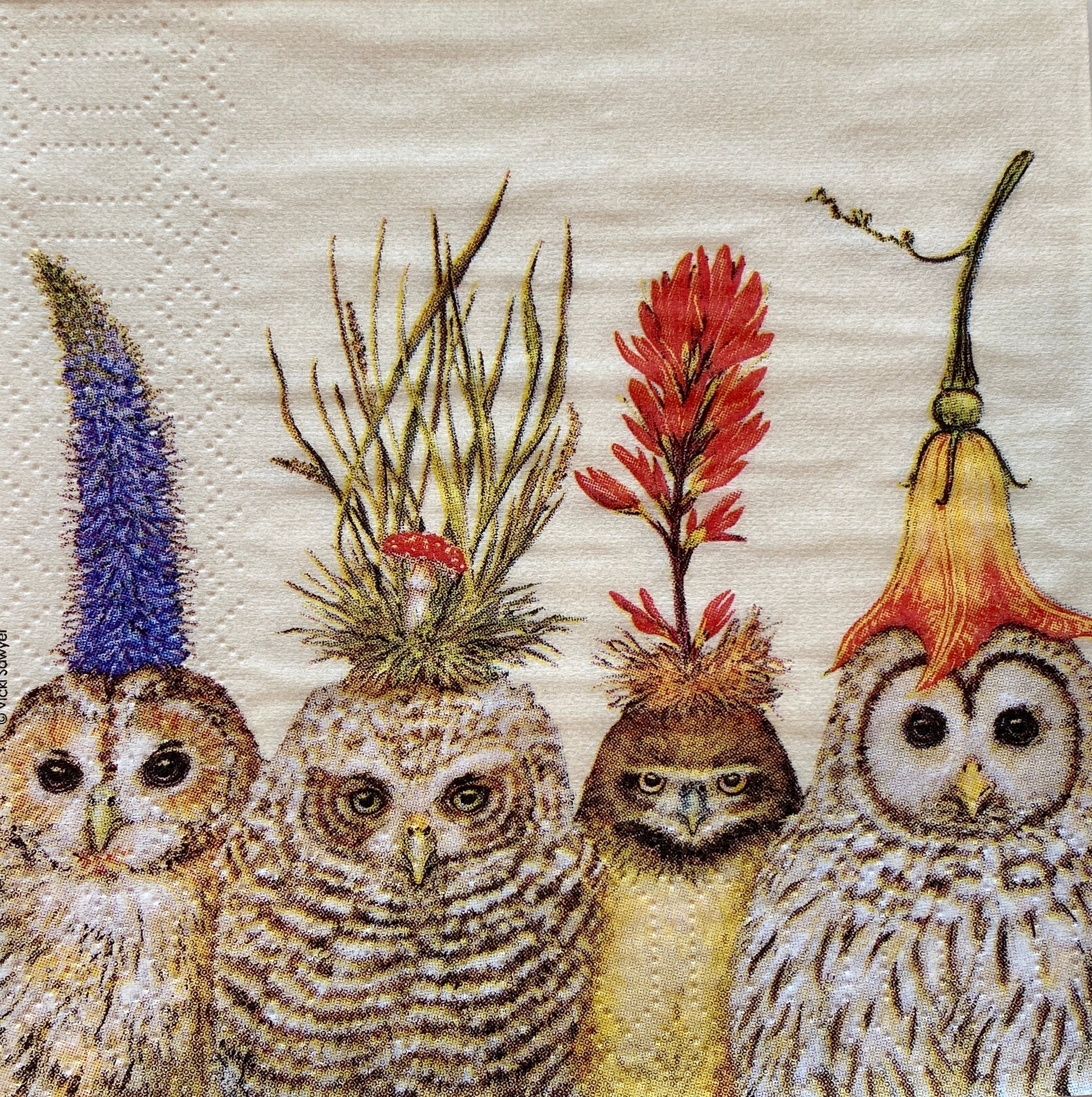 Owl Decoupage Napkins: Whimsical Floral Hats, Collage Paper