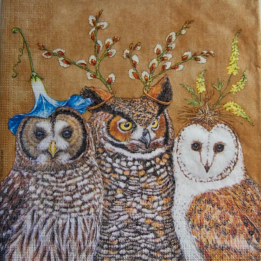 Decoupage Napkins of Two barn owls, Luncheon paper Napkins for harvest  garden party