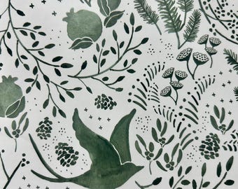 Floral Decoupage Paper: Bird and Pomegranate Design (2 Sheets 8.5" x 11")