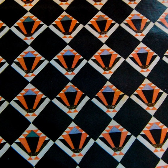 Deco Modern Fan Quilt Decoupage Paper, Orange, Blue and Black, Wrapping Paper, Scrapbooking, Two Sheets