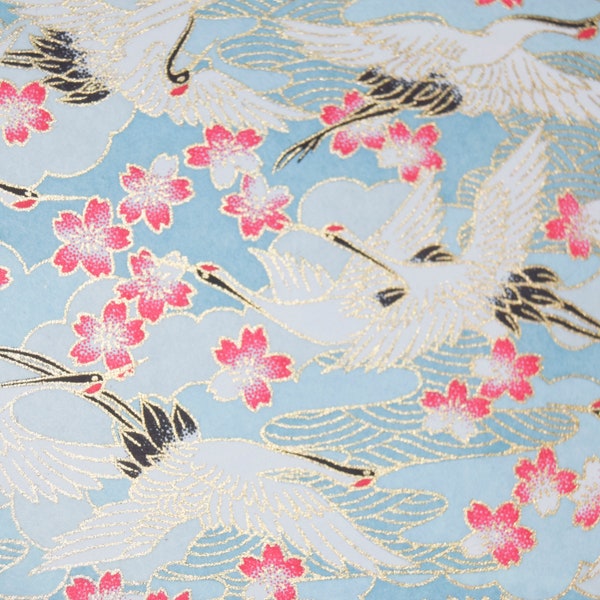 Chiyogami Paper: White & Gold Cranes on Blue - 2 Sheets (5" x 4.25")