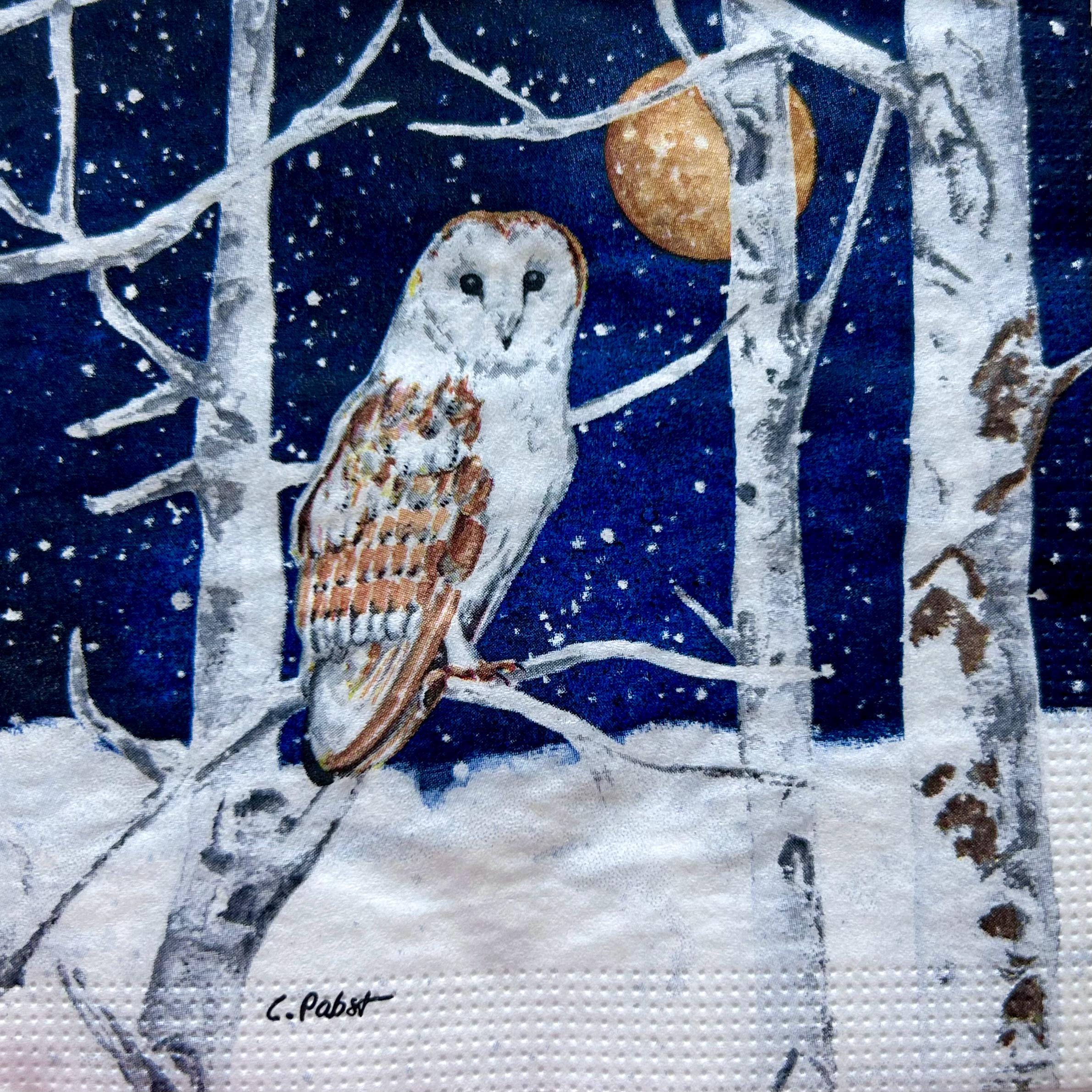 Night Owl Napkins, Winter Owl with Moon Paper Napkin, Forest Owl Napkins for Decoupage, Collage Pape