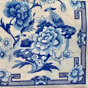 Blue Floral Decoupage Napkins: Paper Collage, Set of 3