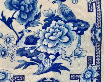 Blue Floral Decoupage Napkins: Paper Collage, Set of 3