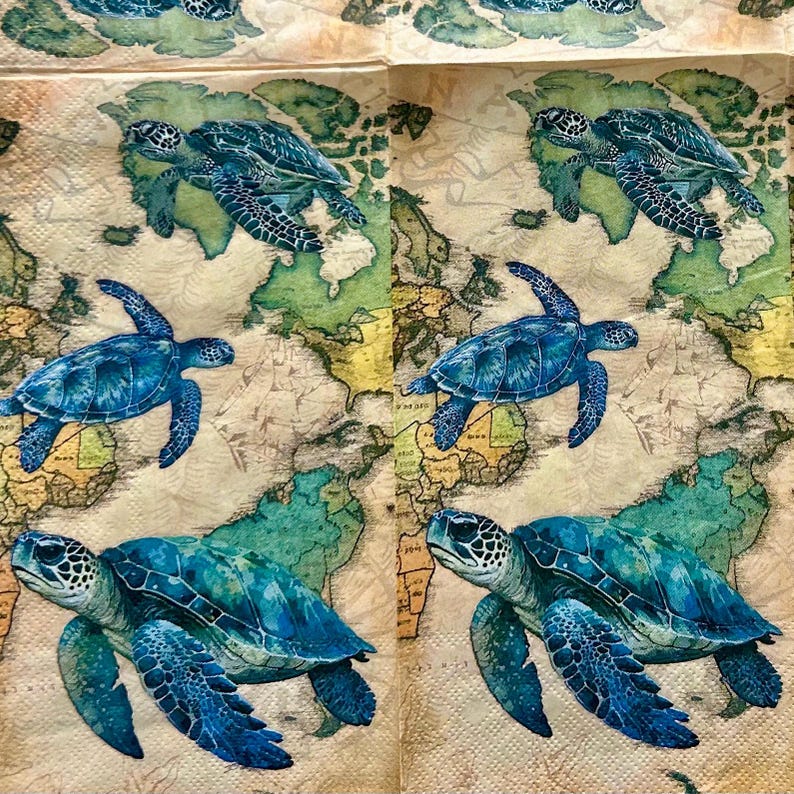 Turtle Napkin Tutorial Sea Turtle Decoupage Paper Napkins, Vintage Map Craft Supplies (set of ...
