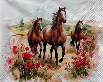 Galloping Horses Paper Napkins: Decoupage Collage (Set of 3)