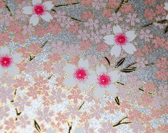 Chiyogami Paper: White Blossoms on Silver, Japanese Craft Paper (2 Sheets 5" x 4.25")