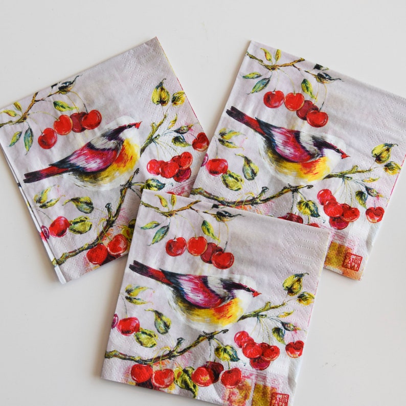 Bird With Cherries Paper Napkin Bird Napkin Set of 3 Etsy