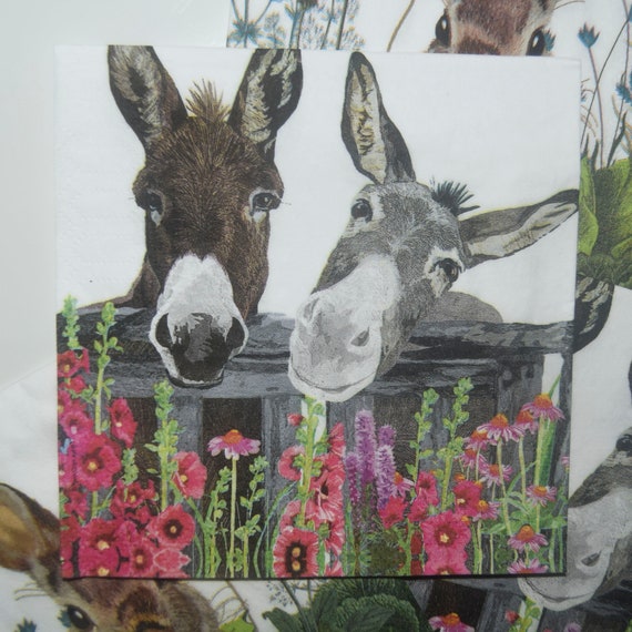 3 Decoupage Napkins, Donkey Napkins, Whimsical Paper Napkin, Farm Animal Paper  Napkins, Napkins for Decoupage, Decorative Napkins, Collage, 