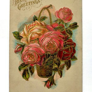Vintage Postcard, German Art Postcard, Midcentury Ephemera, Red Roses, Collage Paper, Happy Birthday Postcard, Used PostCard, 3.5&quot; x 5.5&quot;