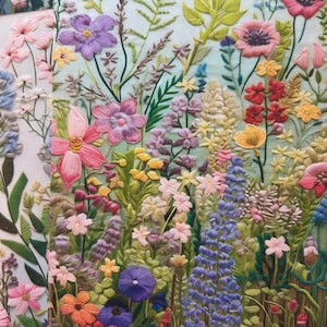 May include: A detailed textile art piece featuring a vibrant floral design. The artwork showcases a variety of embroidered flowers in shades of pink, purple, yellow, and red, with green foliage. The piece has a light blue background.
