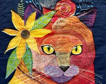 Cat with Flowers Paper Napkins: Decoupage Craft Napkins (Set of 3)