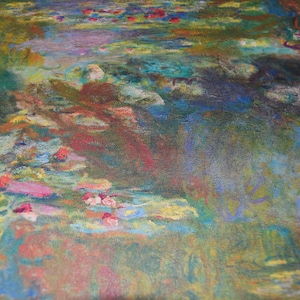 May include: Impressionistic painting of a water garden with lily pads and flowers. The artwork features a palette of greens, blues, reds, and yellows, creating a vibrant and textured surface. The painting evokes a sense of tranquility and natural beauty.
