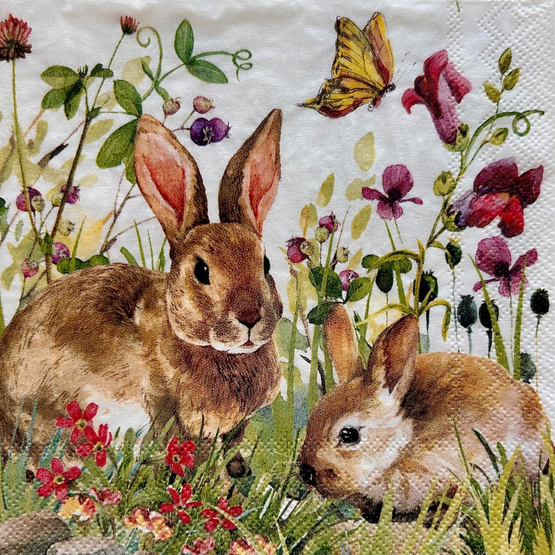 Bunny Rabbit Decoupage Napkins: Springtime Floral Paper (set of 3