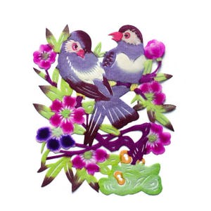 Chinese Paper-cuts: Two Birds & Flowers Rice Paper Decoupage