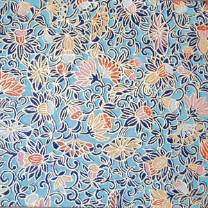 Japanese Chiyogami Paper: Gold Flowers on China Blue (5" x 4.25")