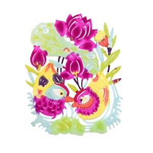 Vintage Chinese Paper-Cut: Hand-Painted Love Birds & Flowers
