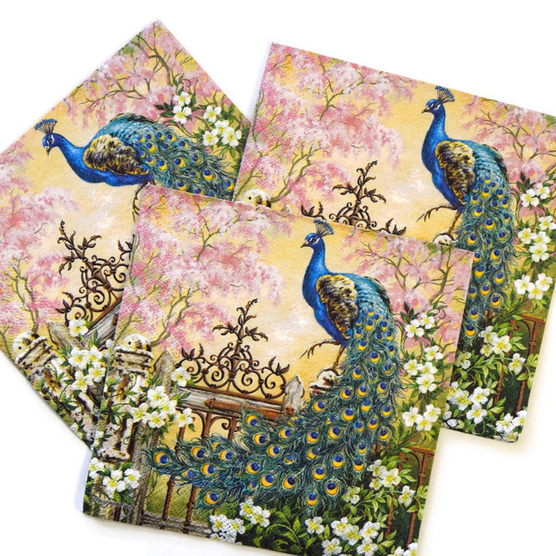 Peacock Paper Napkin Large Floral Napkin Set 3 Napkins for Etsy