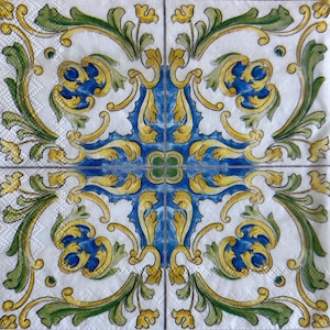 Florentine Floral Paper Napkins: Blue Tile Design, Decoupage (Set of 3)