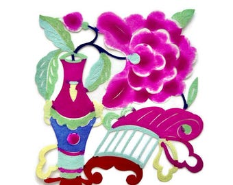 Vintage Chinese Rice Paper Cut: Hand-Painted Pink Peony Floral Art