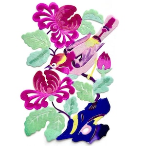 Hand-Painted Chinese Paper-Cut: Pink Bird & Flowers Rice Paper Art