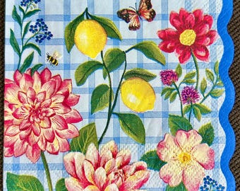 Flowers and Lemons Paper Napkins: Flower Decoupage, Scalloped Edge (Set of 3)