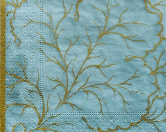 Teal and Gold Floral Paper Napkins: Decoupage and Collage (Set of 3)