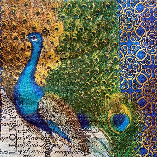 Peacock Paper Napkins, Paper Napkins for Decoupage, Collage Paper, Scrapbooking, Paper Craft Projects, Set of 3 Napkins