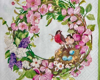 Bird Floral Wreath Napkins: Decoupage Paper Crafts (Set of 3)