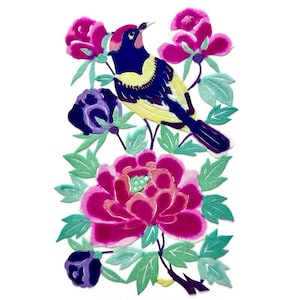 Hand-Painted Chinese Rice Paper Cut: Bird & Flowers Vintage Art