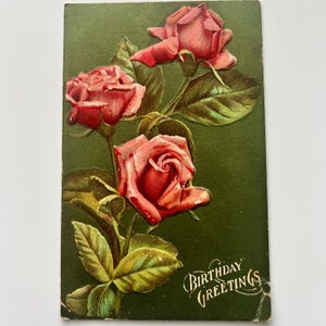 Vintage 1908 Birthday Postcard: German Art, Pink Roses