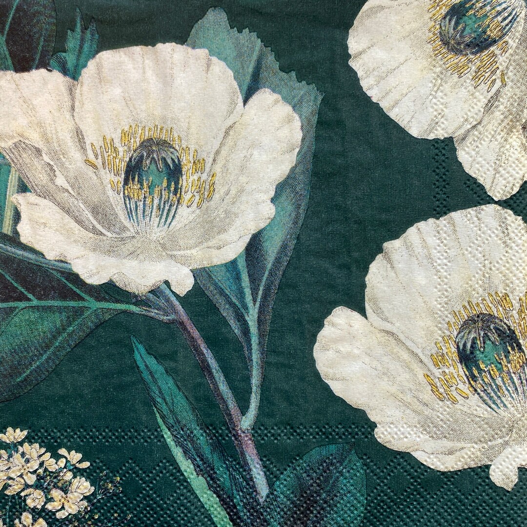 Floral Paper Napkins, White Poppies on Deep Green, Paper Napkins