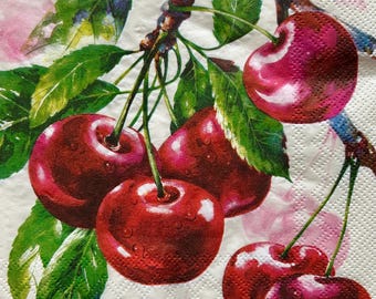 Cherry Napkins, Fruit Paper,  Collage Supplies, Decoupage Craft Supplies (Set of 3)