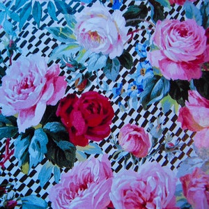 May include: A black and white checkered background with pink, red, and white roses. The roses are painted in a realistic style and have green leaves.