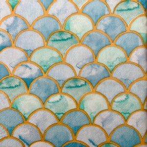 Mermaid Scale Napkins, Teal and Gold Paper Napkins, Flower Paper, Decoupage Napkins, Decoupage, Collage, Paper Crafts, 3 Decoupage Napkins