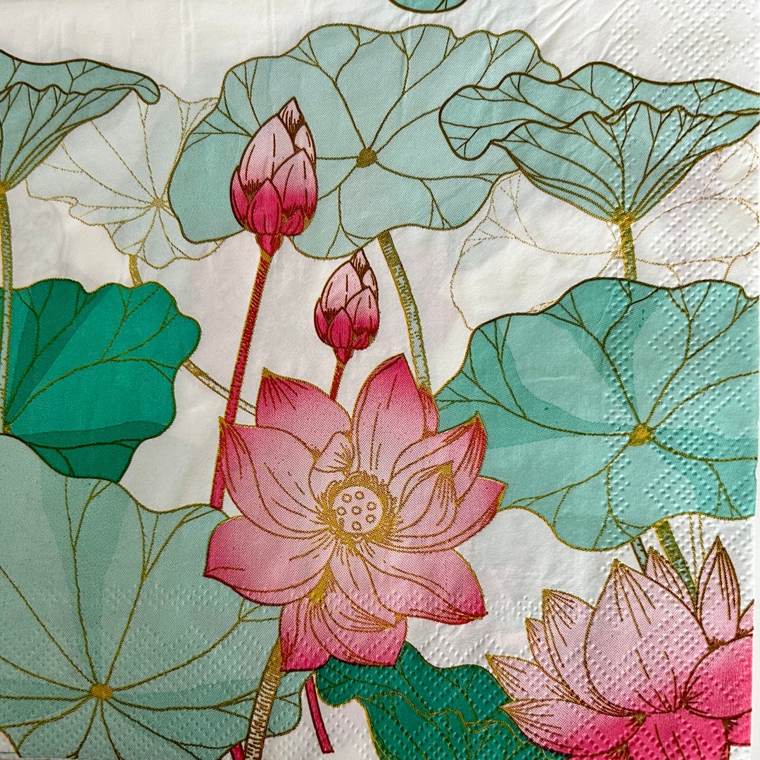 Pink Lotus Flower Napkin, Pink, Teal and Gold, 3 Large Decoupage