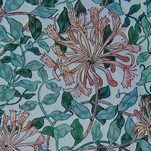 May include: A detailed illustration of a floral pattern featuring honeysuckle flowers and leaves. The flowers are a soft peach color with brown accents, while the leaves are a mix of green and blue-green. The background is a light cream color.