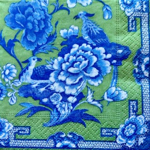 Blue Floral Bird Paper Napkins: Decoupage Collage (Set of 3)