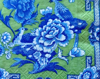Blue Floral Bird Paper Napkins: Decoupage Collage (Set of 3)