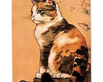 Cat Postcard, Japanese Painting of Cat, Japanese Art, Children's Illustration, 4" x 6" Collage Art