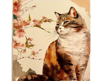Vintage Japanese Cat Painting Postcard: Collage Art (4.5" x 5.5")