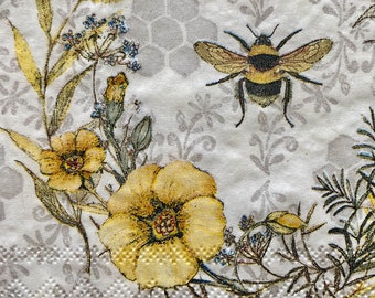 Honeybee Floral Wreath Decoupage Napkins - Set of 3