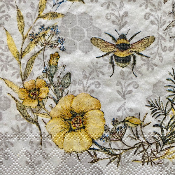 Honeybee and Flowers, Set of 3 Decoupage Napkins, Flower Wreath with Honeybee,  Collage Paper, Yellow and Grey, Paper Craft, Bee Napkins